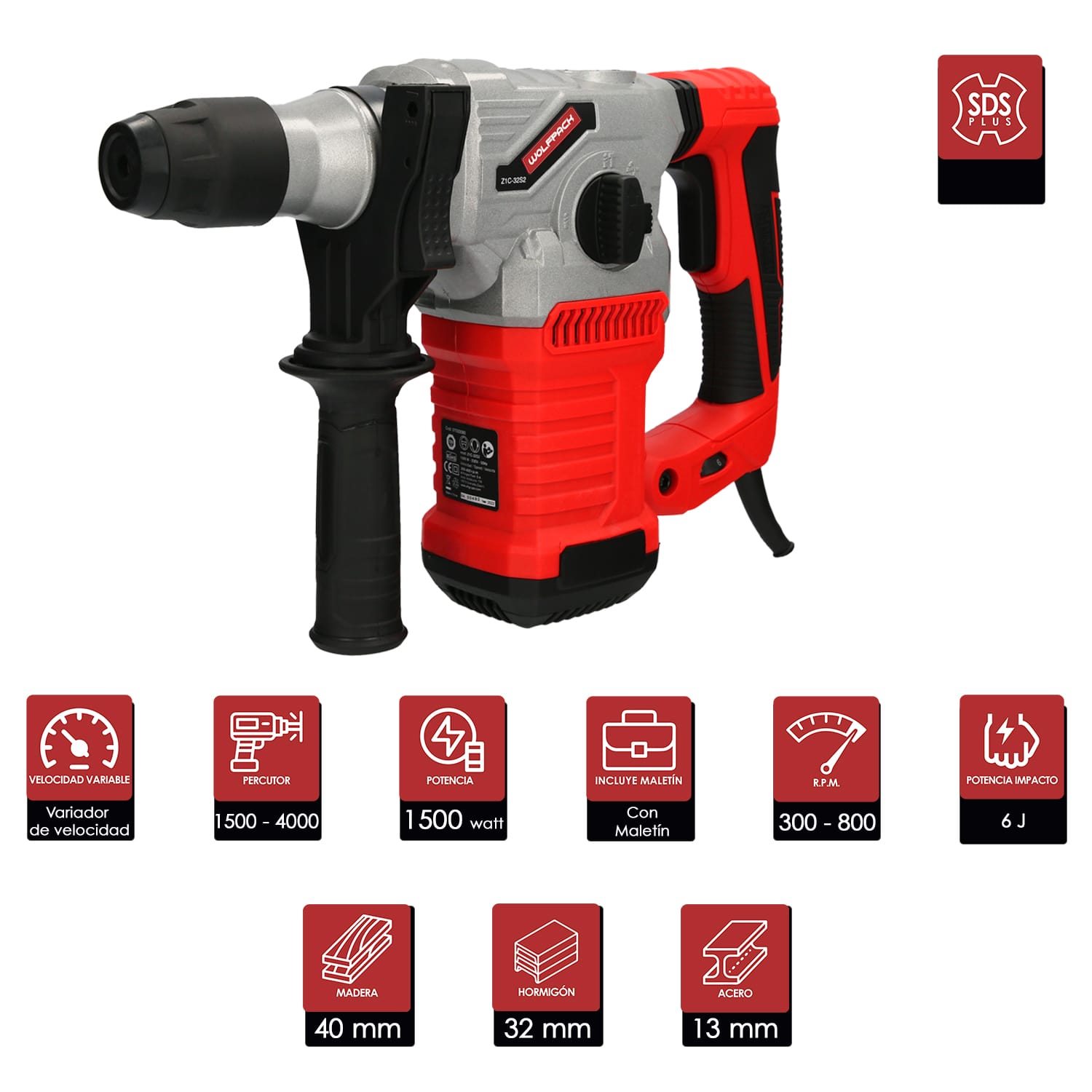 Martillo Demoledor Perforador SDS PLUS 1.500 Watt. Con Accesorios y Maletin. 4.000 IPM 6 Julios. - Imagen 2